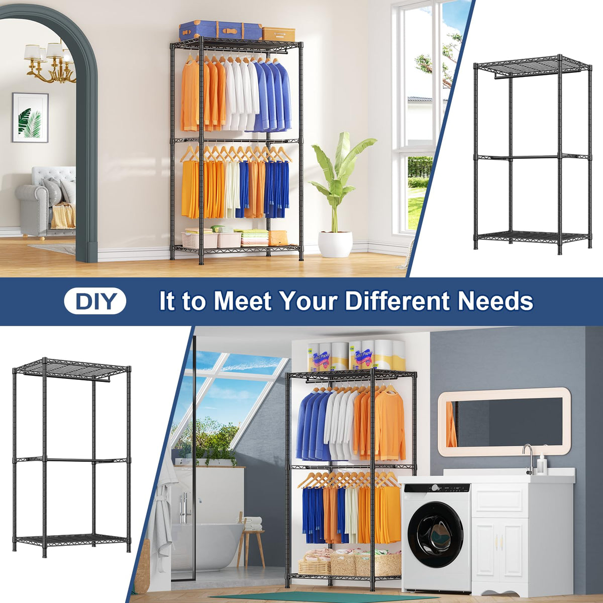 E12 Pro Clothes Rack,Heavy Duty Freestanding Garment Rack with Shelves,Metal Clothing Closet Storage System for