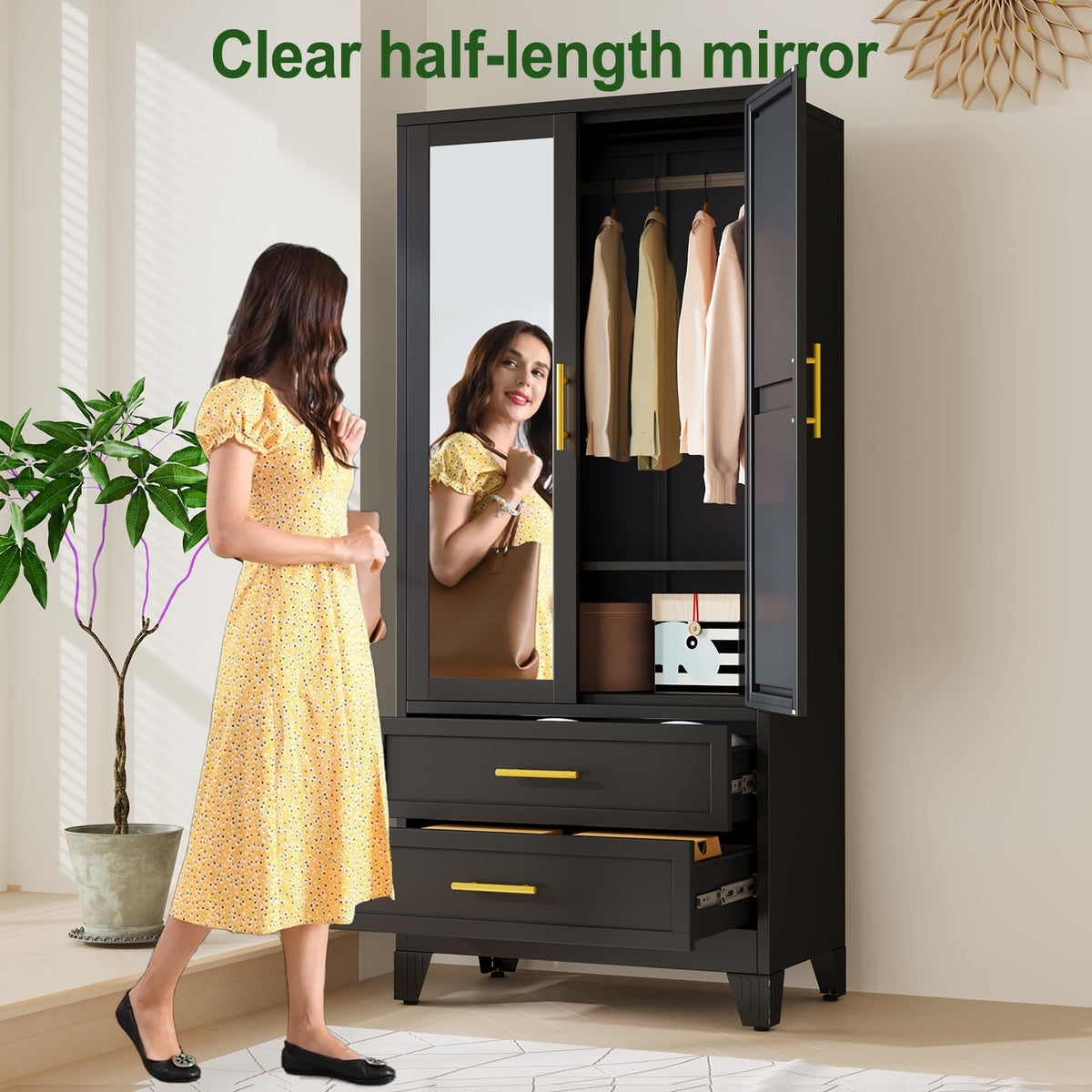 Metal Armoire Wardrobe, 71" Tall Bedroom Closet with Mirror and 2 Drawers