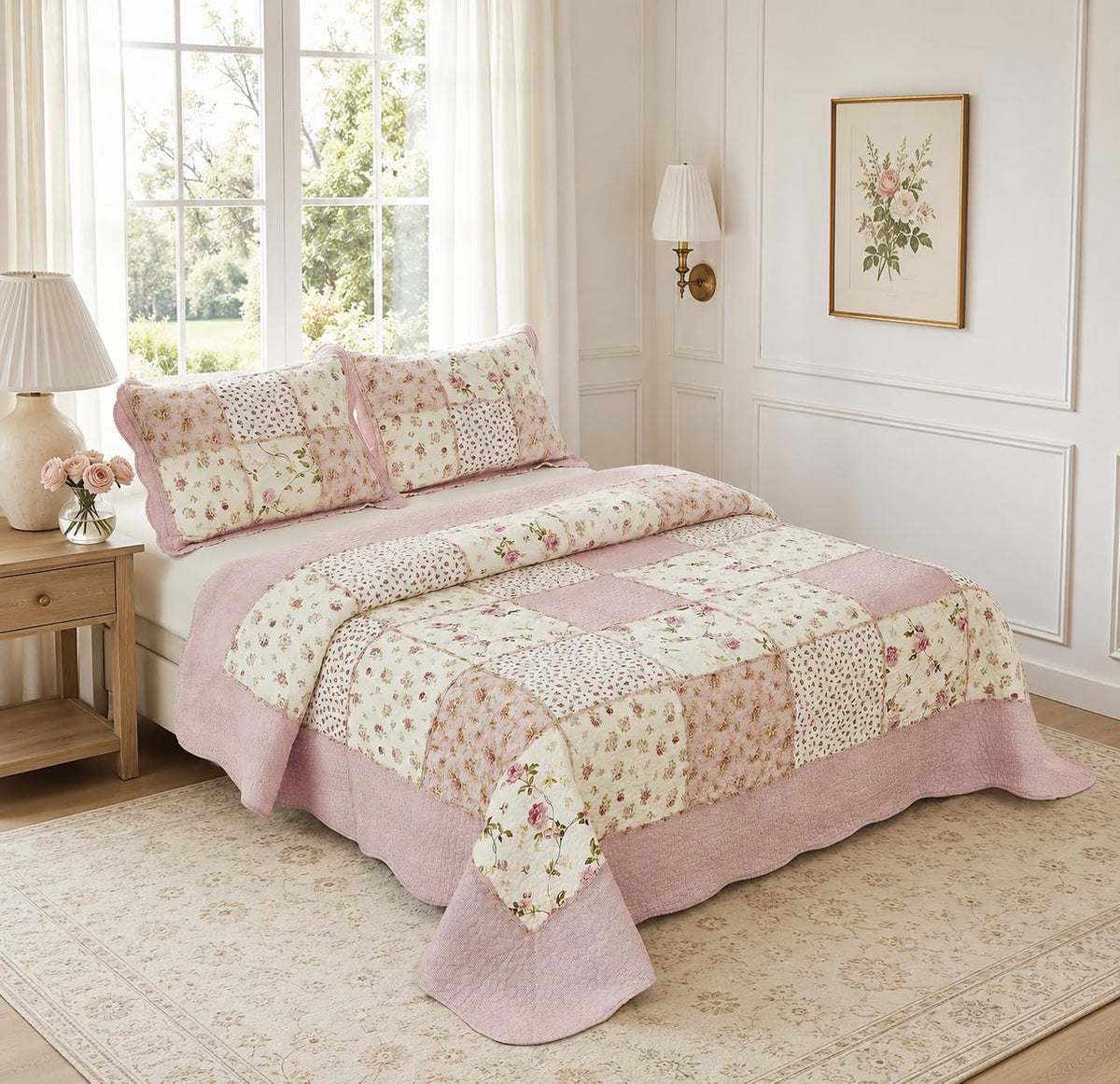 Pink Patchwork Quilts Cotton Rose Floral Quilt 3-Piece