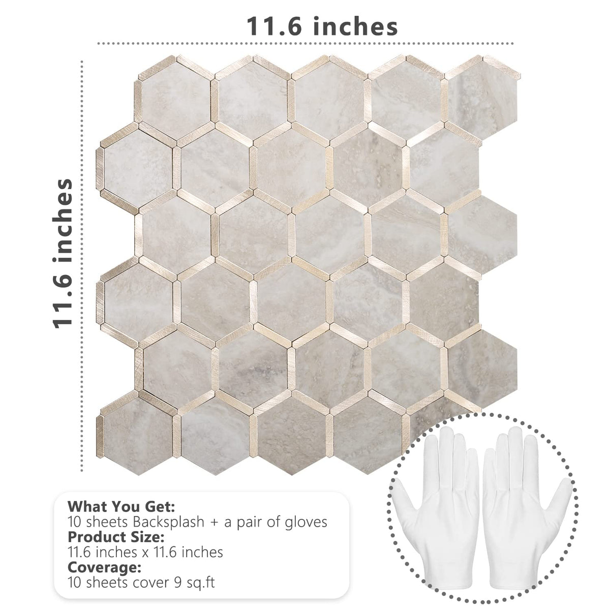 Hexagon Peel and Stick Backsplash Tile, Stick on Backsplash , Beige Marble Look PVC Mixed Metal Gold Self Adhesive
