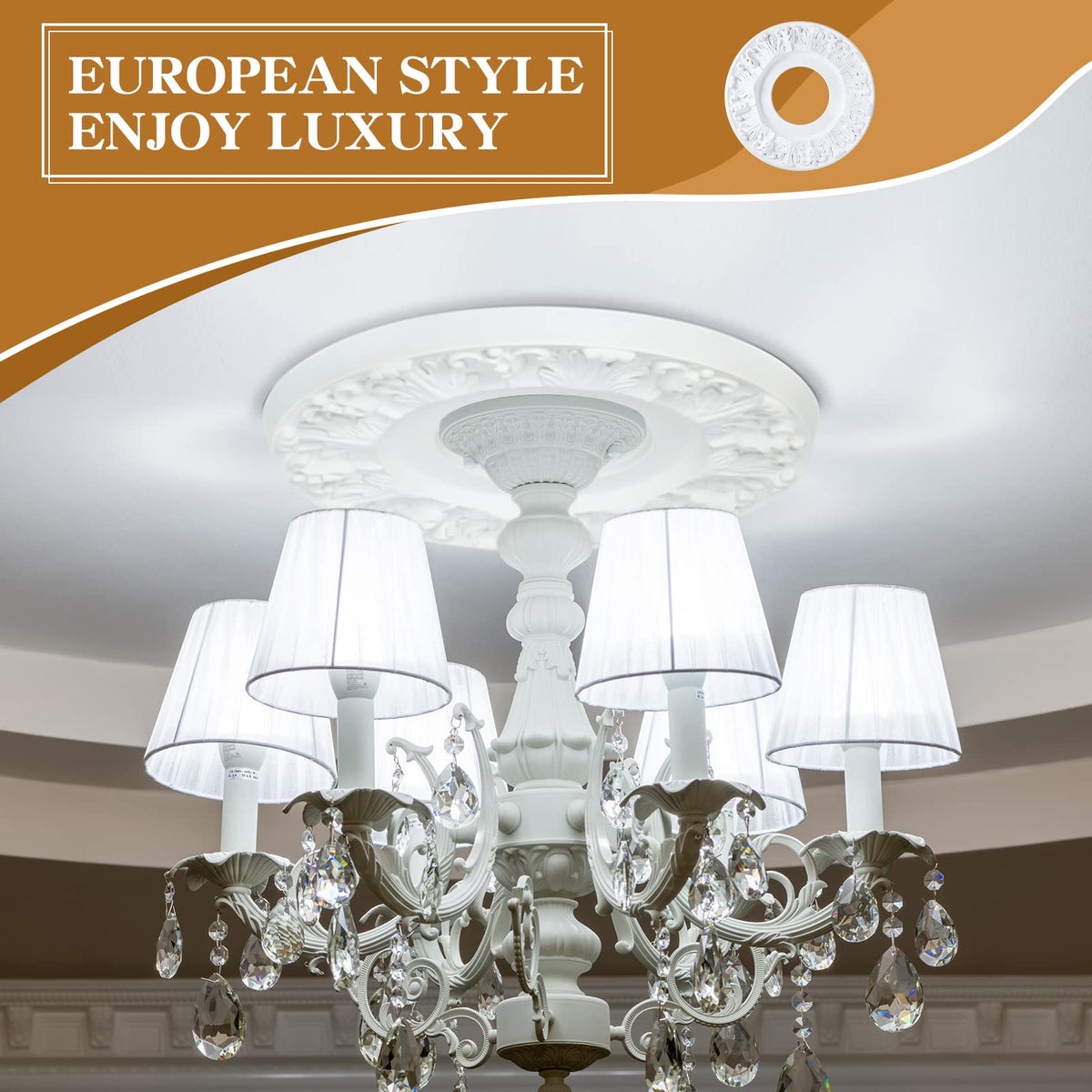 2 Pcs 10 Inch White Ceiling Medallions, PU Light Fixture Decor