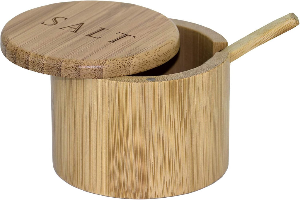 Salt Cellar Bamboo Storage Box with Magnetic Swivel Lid, 6 Ounce Capacity, Engraving on Lid, Includes Salt Spoon