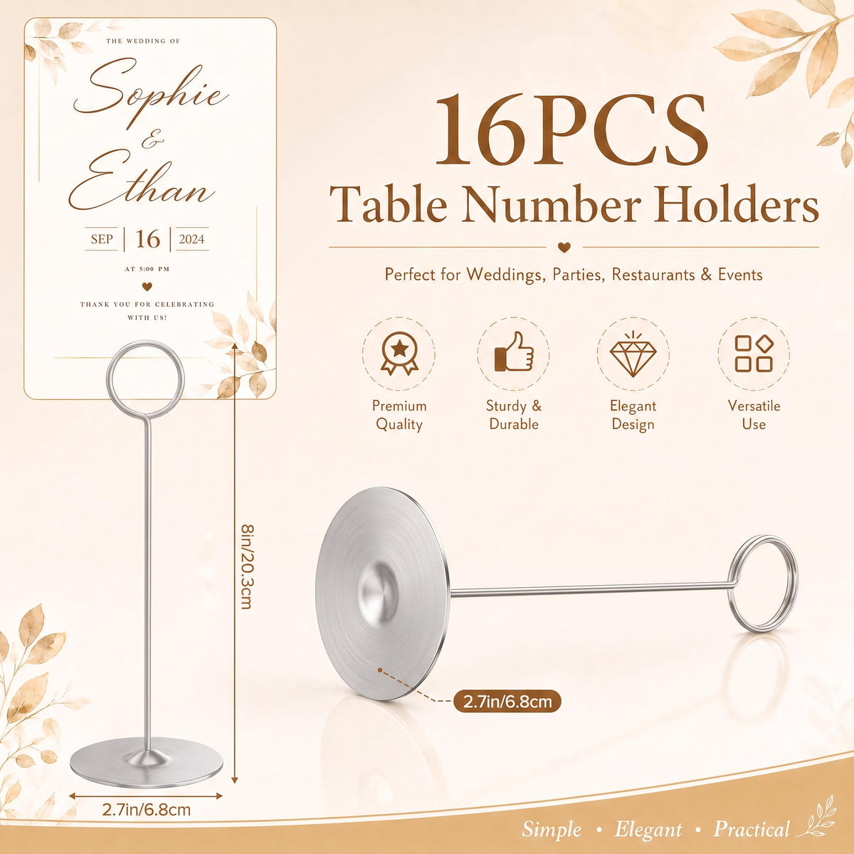 16 Pieces Table Card Holder 8 inches Table Number Holders Place Steel Card Holders for Photos, Food Signs, Memo