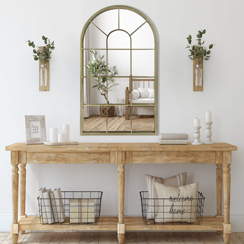 Wall Mirror Window Decorative Mirrors Arched Farmhouse Bedroom Entryway Bathroom Vanity (Gold, 41.3" x 24" x 1")