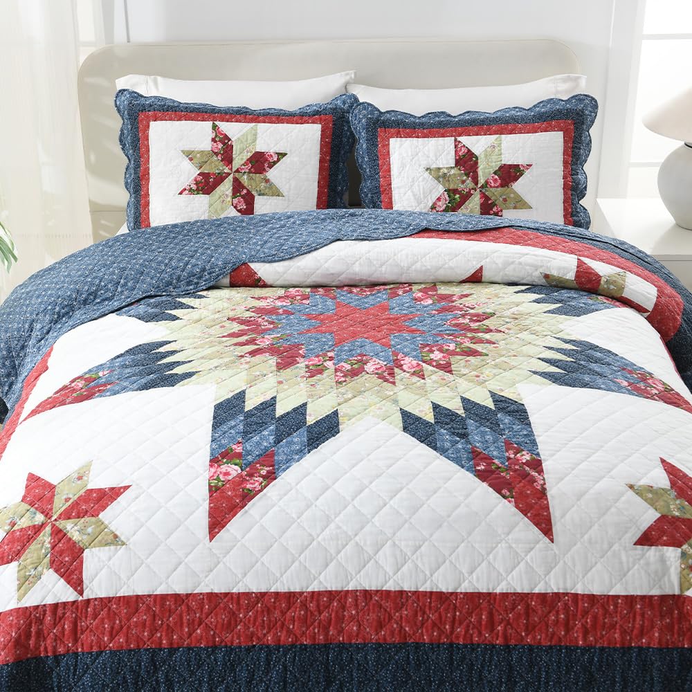 Cotton Quilt Bedding Sets 3 Pieces Soft Reversible Coverlets Luxury Star Handmade Real Patchwork Red Blue Bedspread