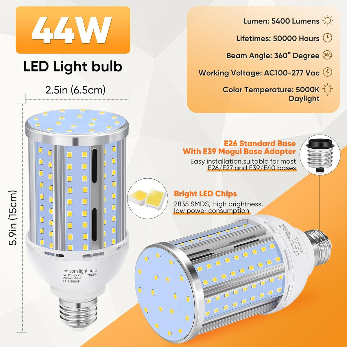 44W LED Corn Light Bulb(6 Pack),Fanless,(390 Watt Equivalent) E26/E39 Medium/Large Mogul Base LED Cob Lamp 5000K