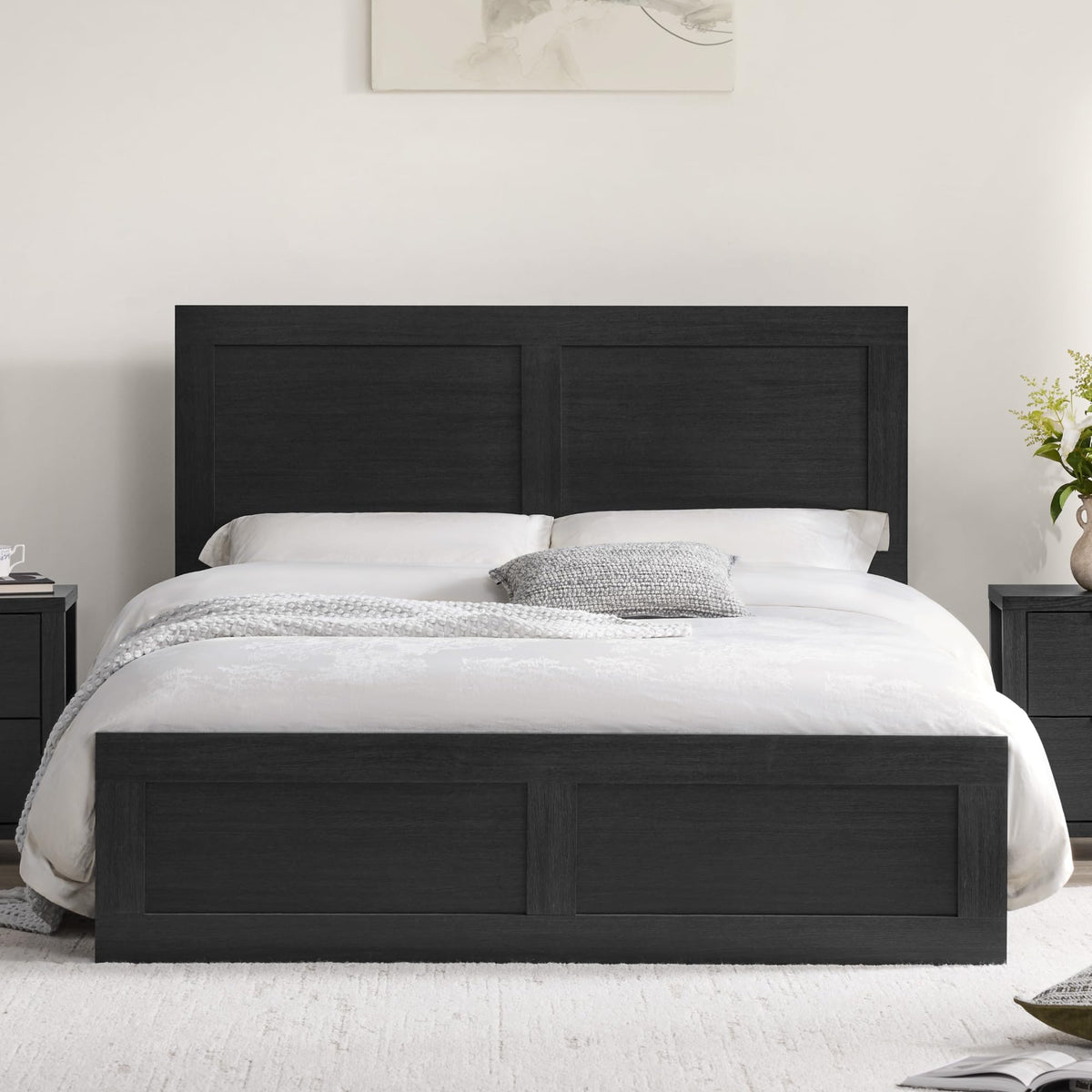 Wood Bed Frame with Headboard and Footboard, Black, King
