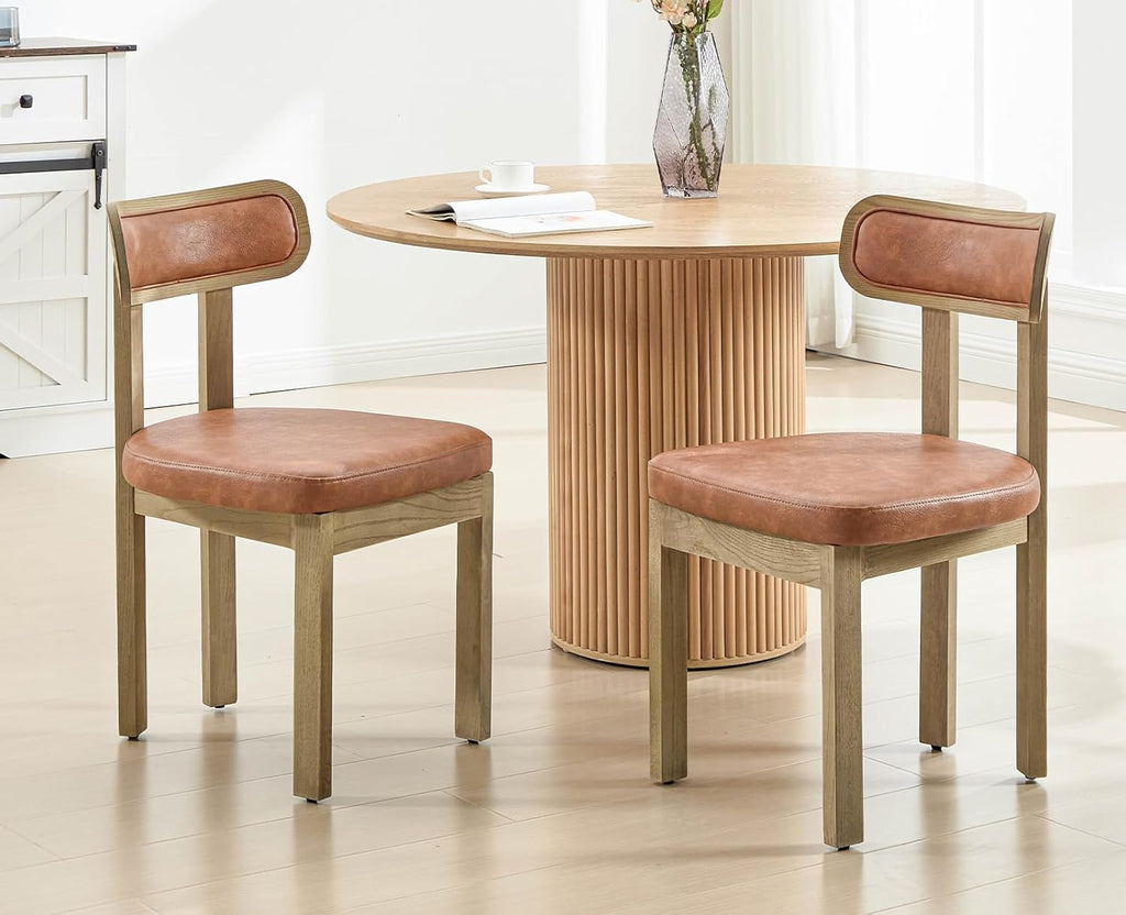 Farmhouse Dining Chairs Set of 2, Upholstered Faux Leather Dining Room Chairs with Curved Backrest and Wood Legs for Kitchen or Restaurant, Brown