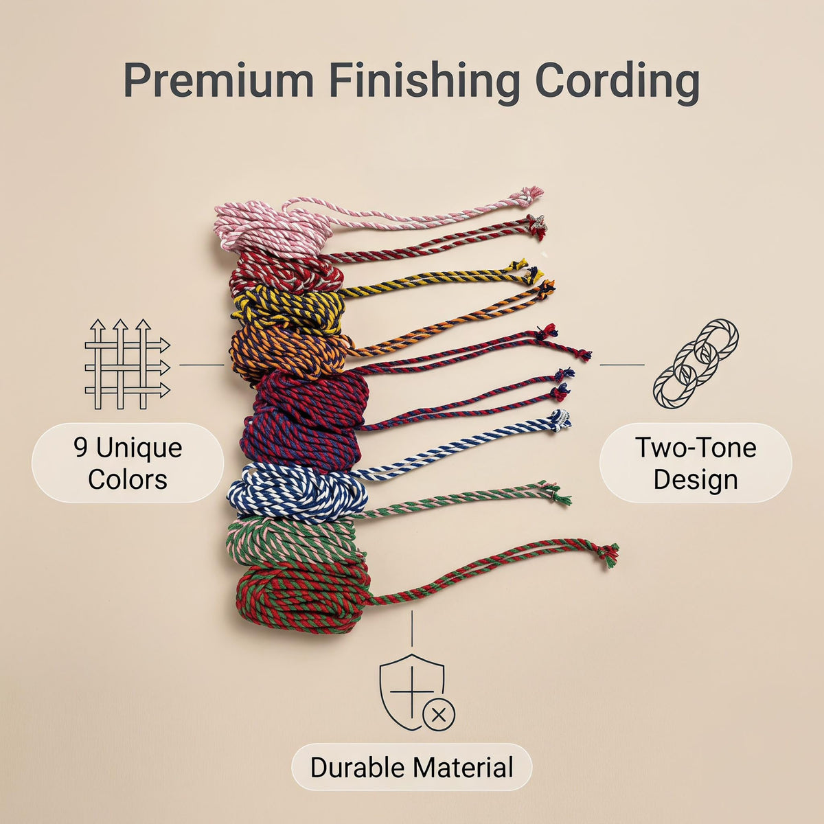 Self Finishing Needlepoint Cording 9 Colors Two Tone Twisted Cord Trim 0.16 Inch x 16.4 FT Needlepoint Finishing - 9PCS