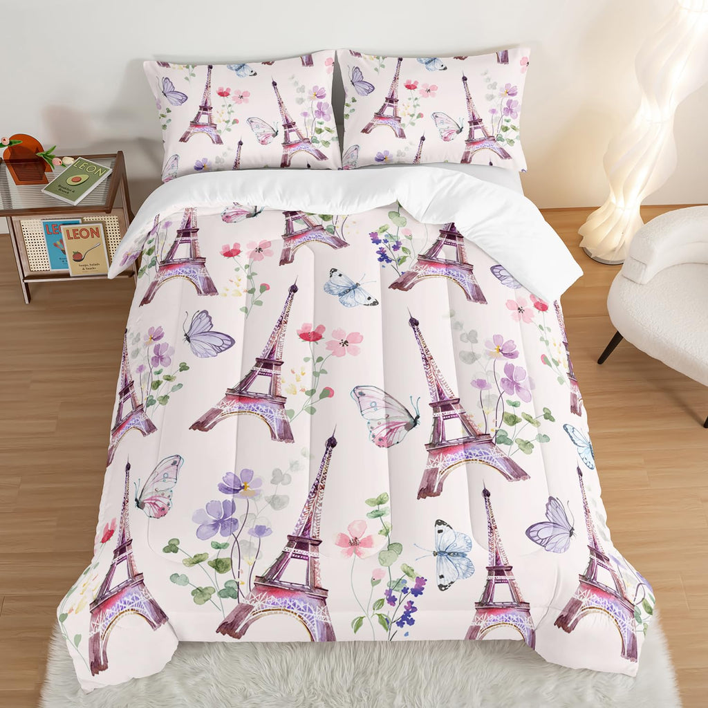 French Bedding Eiffel Tower Comforter with 2 Pillowcases, Romantic Paris Themed Bedroom Decor Princess Comforter Set