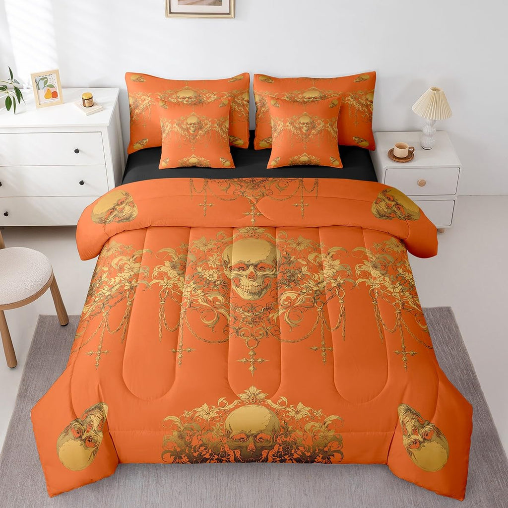 Gothic Bed in a Bag King Size Comforter Set 7 Pieces, Goth Sugar Skull Orange Yellow Damask Bedding Set, Bohemian