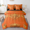Gothic Bed in a Bag King Size Comforter Set 7 Pieces, Goth Sugar Skull Orange Yellow Damask Bedding Set, Bohemian