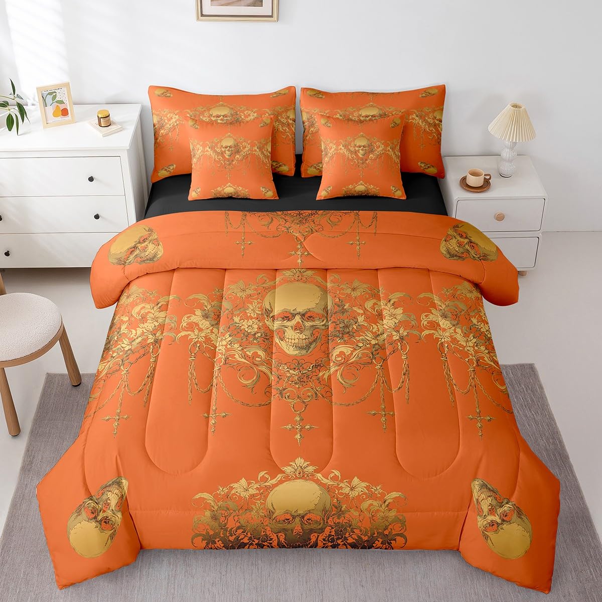 Gothic Bed in a Bag King Size Comforter Set 7 Pieces, Goth Sugar Skull Orange Yellow Damask Bedding Set, Bohemian
