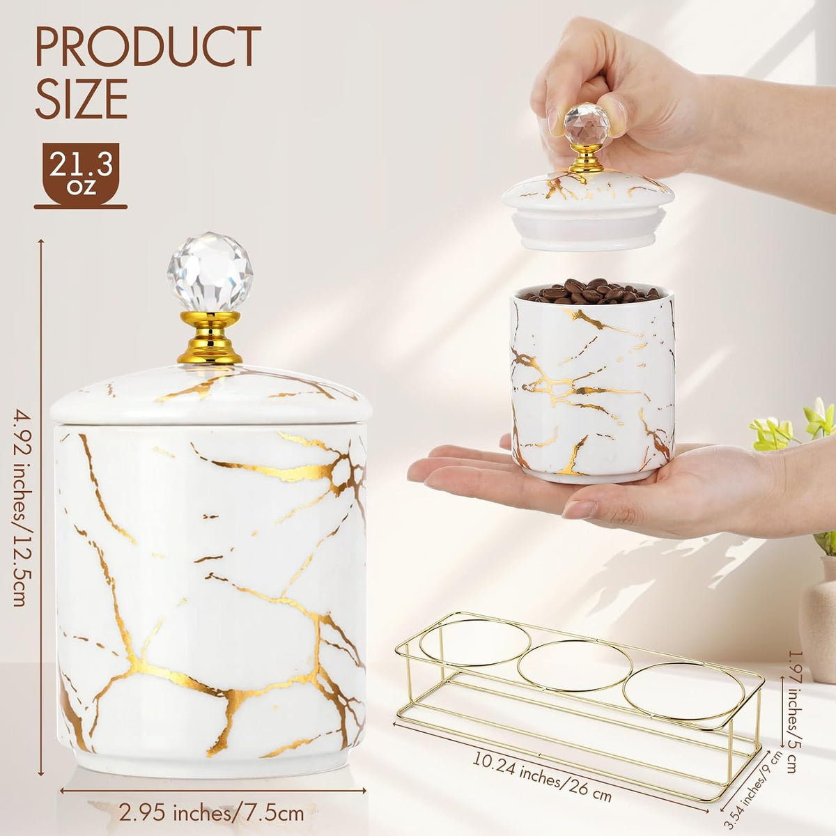 Ceramic Coffee Canister Set with Lids and Metal Stand, Securely Packed in Foam Mold, Marble Sugar Coffee Tea - Set of 3