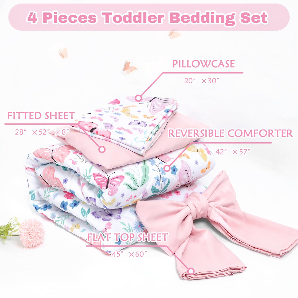 Toddler Bedding Set for Girls 4 Pieces Butterfly, Soft Breathable Toddler Comforter Set, Flower Print, Includes