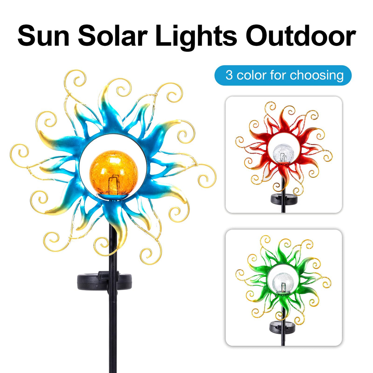 Solar Lights Outdoor Garden Decor, Blue Metal Sun Crackle Glass Globe Stake Waterproof 30LED Decorations Unique Gifts
