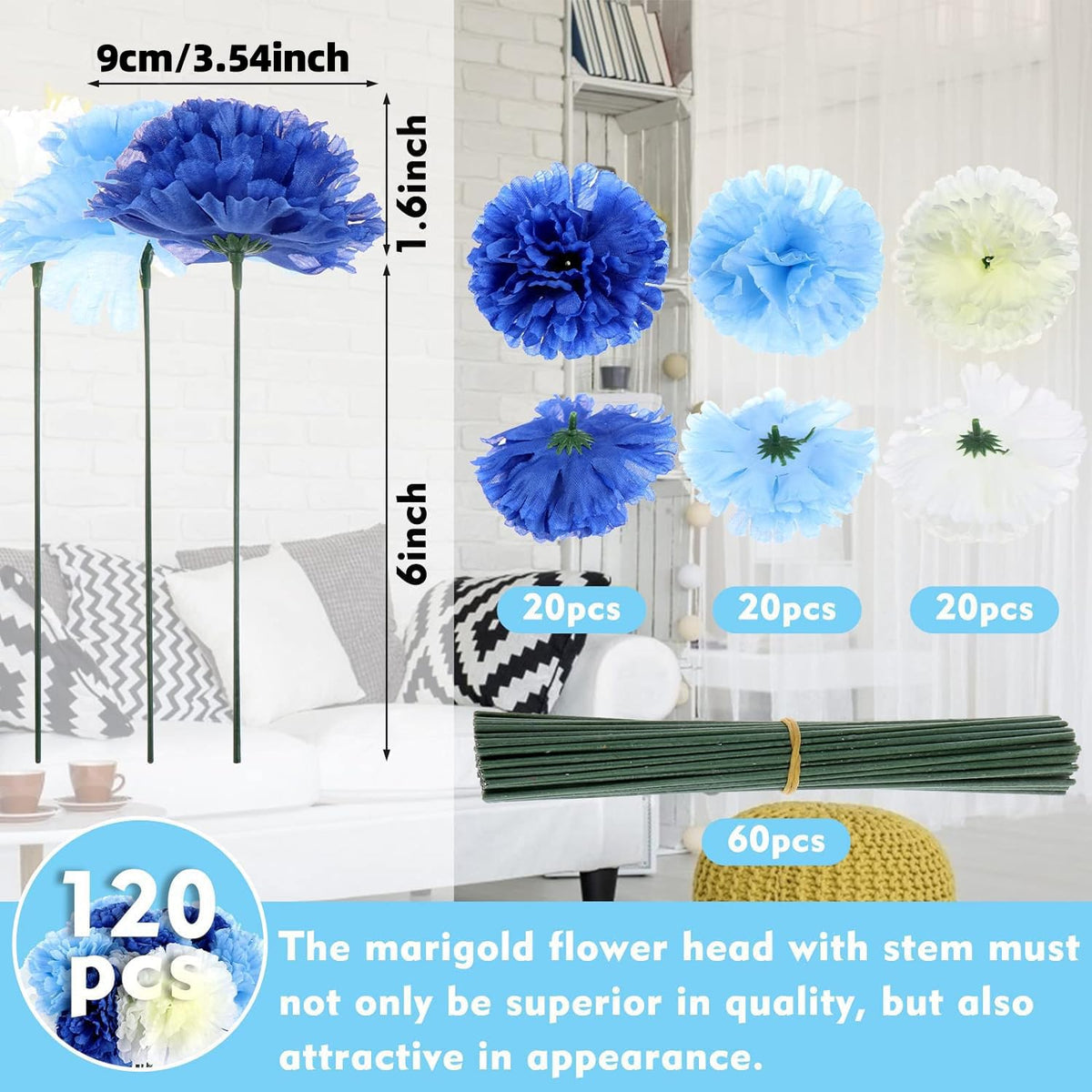 120 Pack Artificial Carnations with Stems Leaves Eternal Blossom Silk Carnation Flower Artificial Pom Pom Mini
