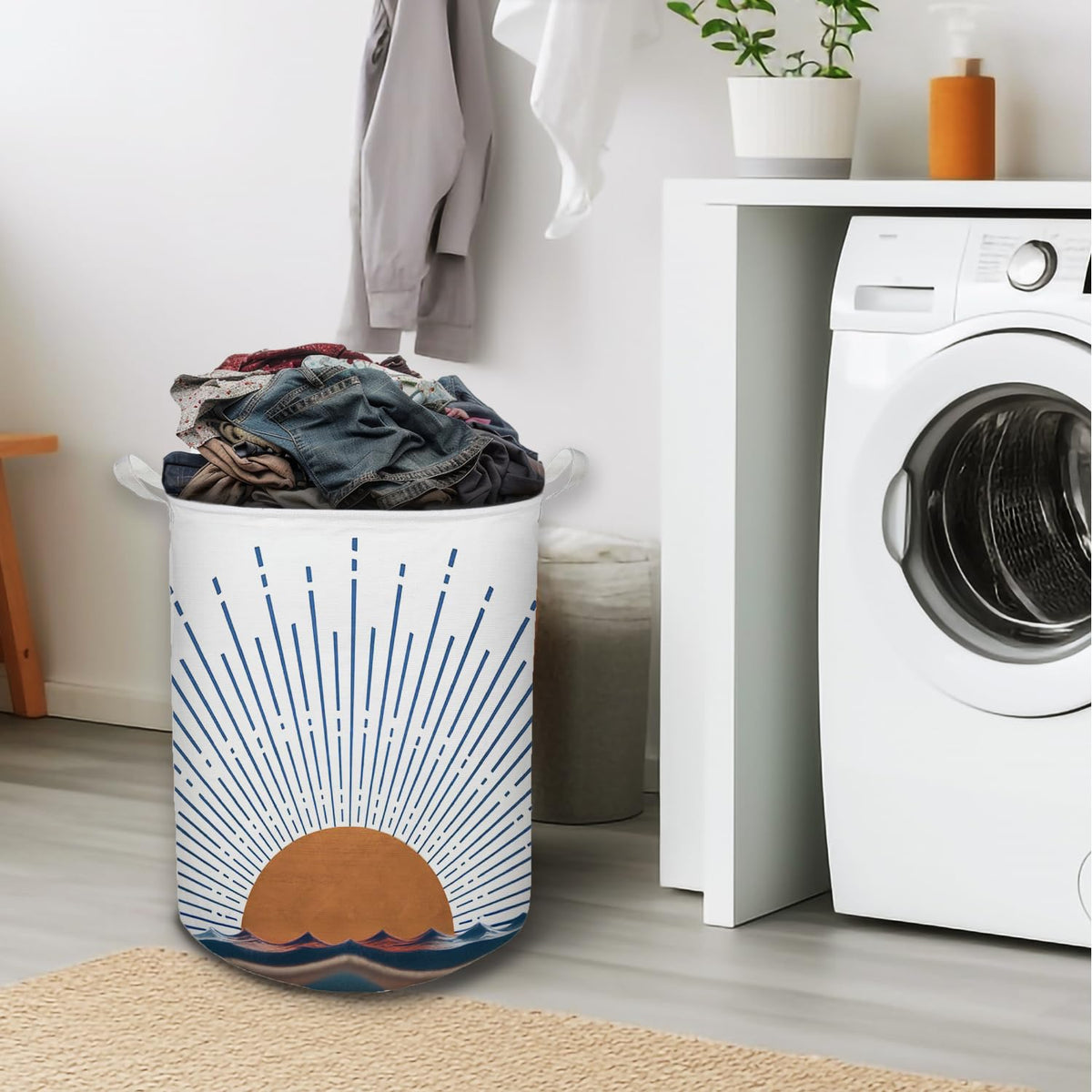 Boho Laundry Basket, Mid Century Modern Boho Terracotta Sun Sea Wave Waterproof Collapsible Laundry Hamper Dirty