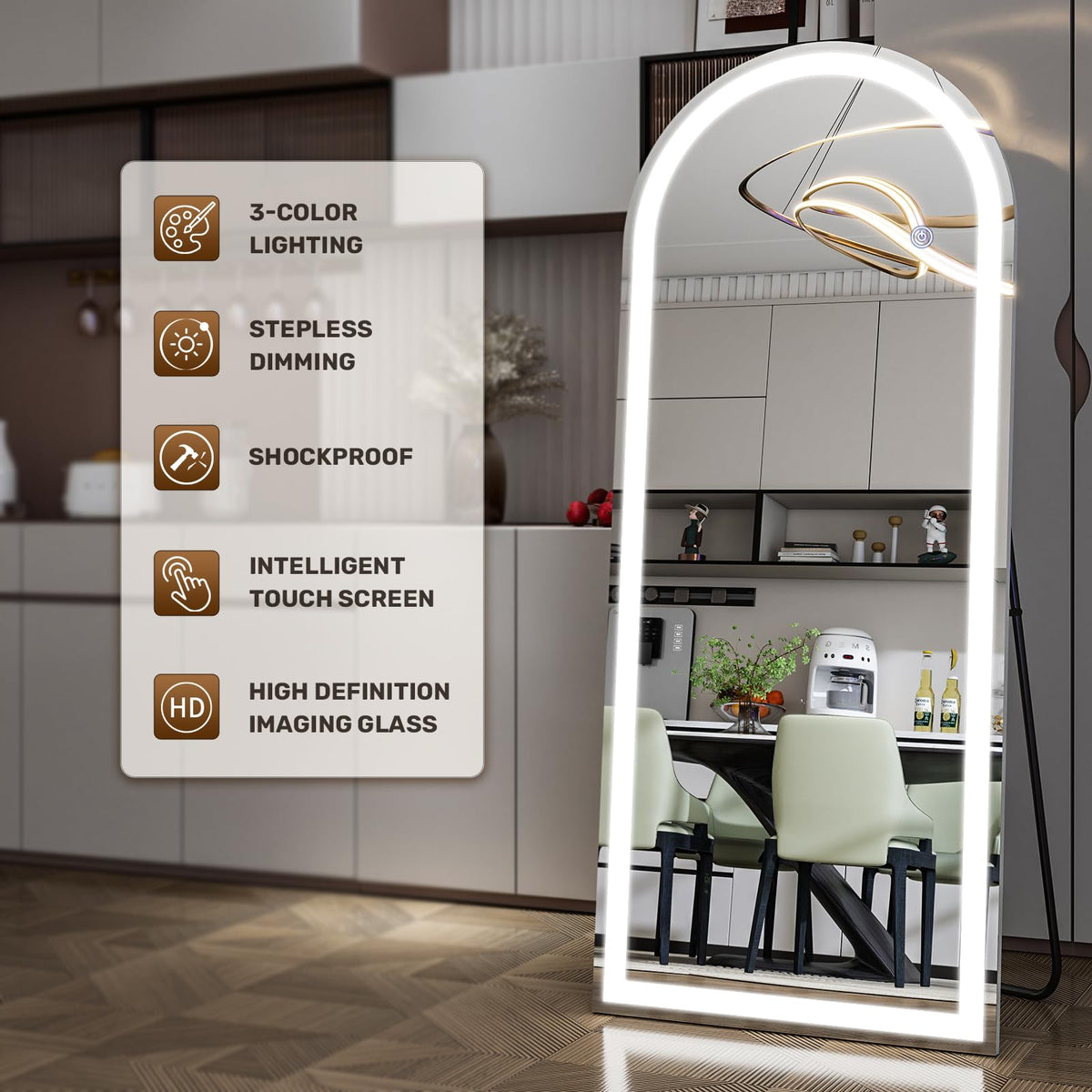 26"X68" LED Arched Full Length Mirror, Floor Mirror with Lights