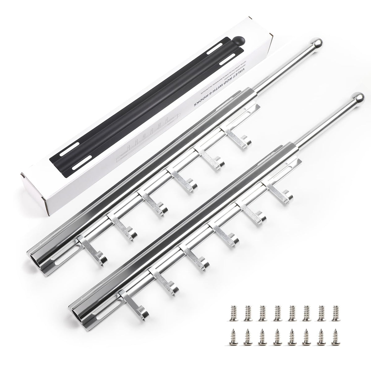 Valet Rod for Closets Pull Out 16.5" Silver with 6 Hooks (2Pack)