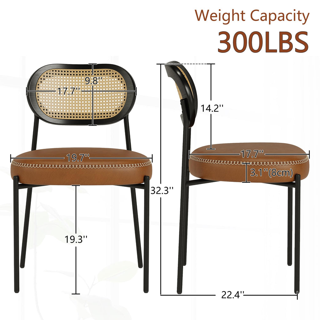 Rattan Dining Chairs Set of 2, Camel Leather Upholstered Dining Chairs with Rattan Cane Back, Mid Century Modern
