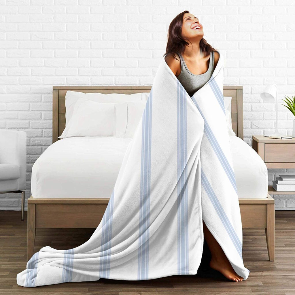 Vintage French Ticking Stripe Pattern Blue White Reversible Flannel Throw Blanket - Ultra Soft Lightweight 40"X30"