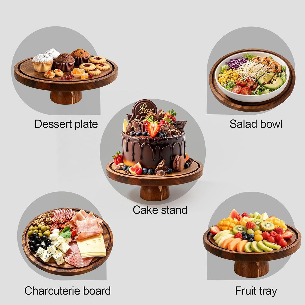 Acacia Wood Cake Stand with Lid, 12in Cake Stand with Acrylic Dome (Not Glass), 2-In-1 Cake Display Stand
