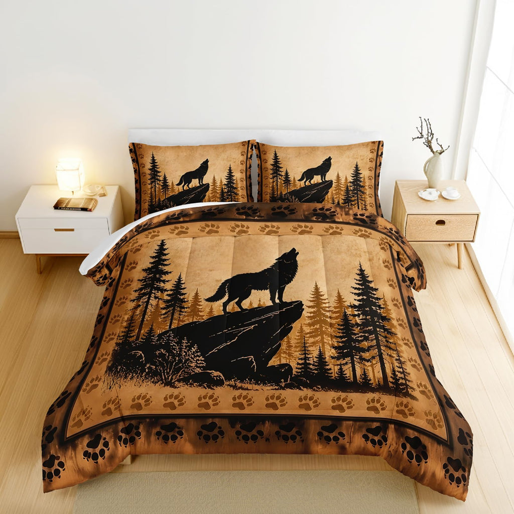 Wolf Comforter, Howling Wolf Forest Bedding with 2 Pillowcases.