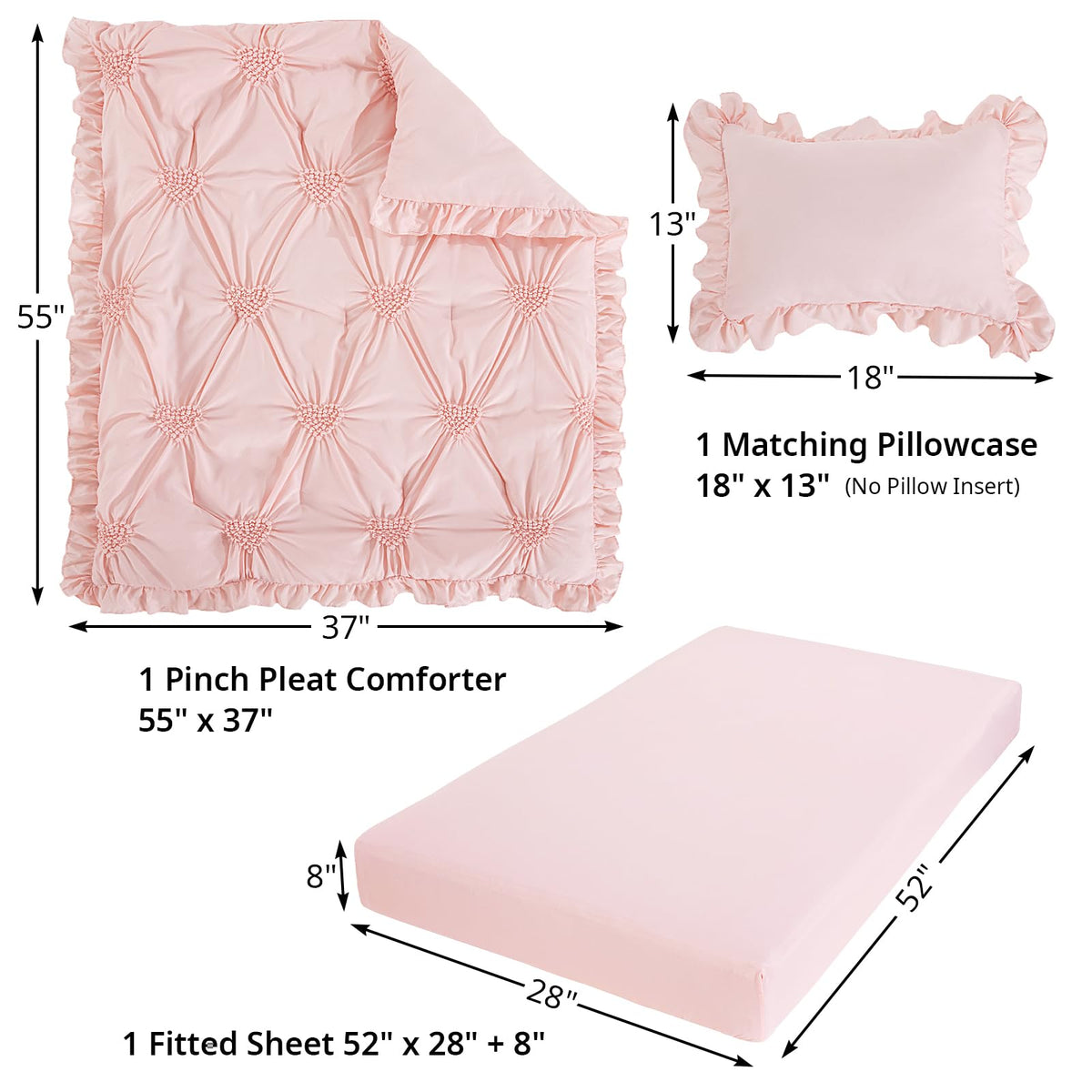 3 Pieces Princess Pink CribBedding Set for Baby Girls, Ultra Soft Blush Pinch Pleat Comforter Set with Ruffles for