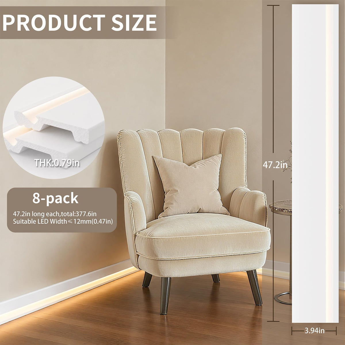 8 Pcs Baseboard Molding with LED Duct, 47.2 x 3.94 Inch, White