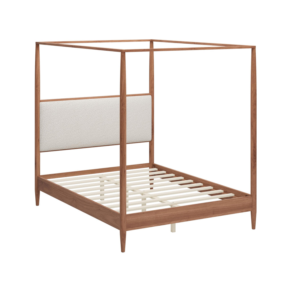 4-Poster Wood Canopy Bed with Boucle Headboard, Walnut