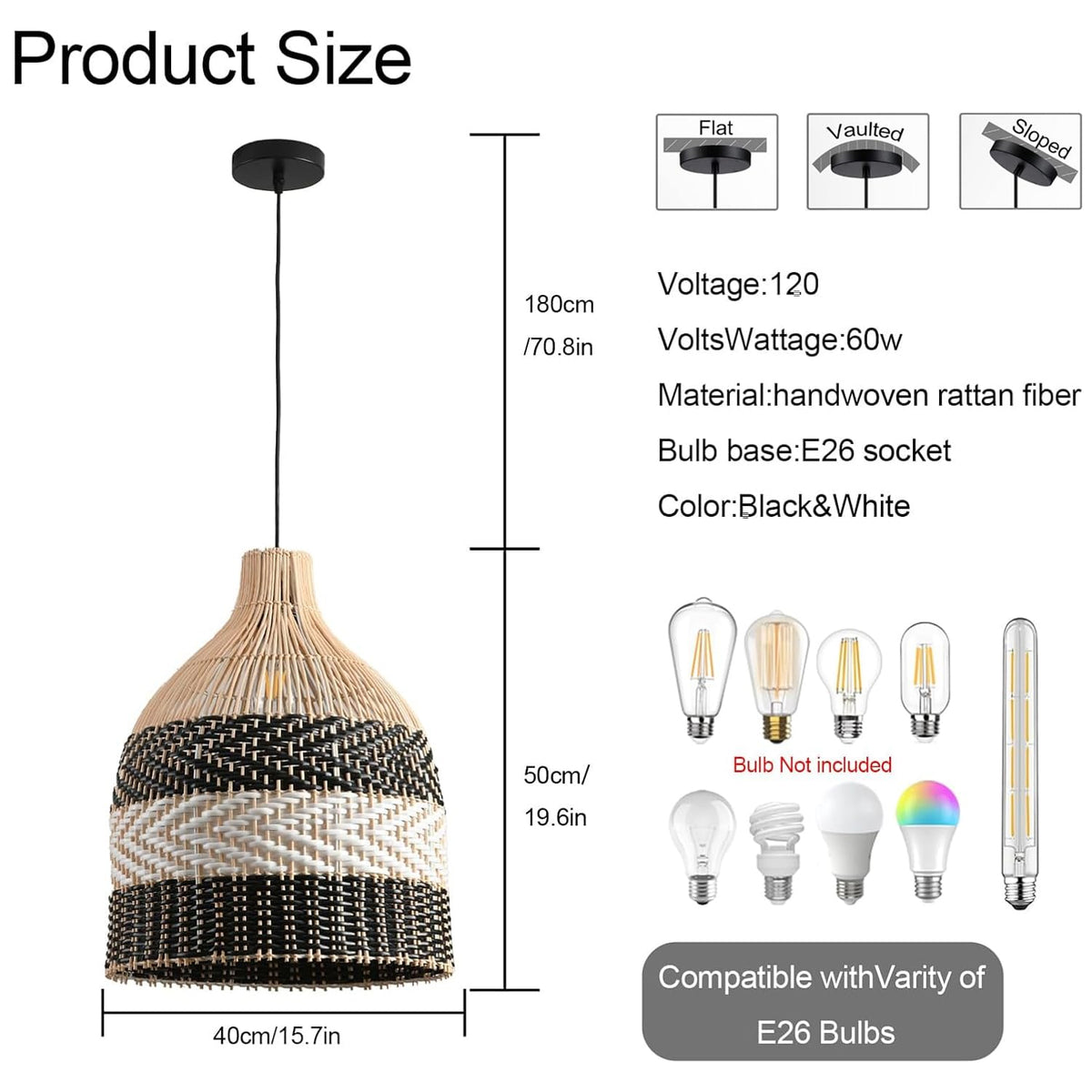 15.75" Rattan Pendant Light, Wicker Hanging Light