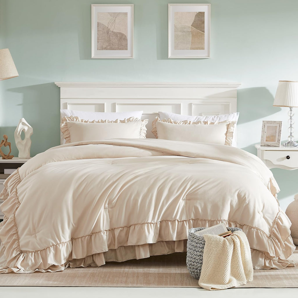 Beige Comforter Set, 3Pcs Comforters Ruffle Farmhouse Bedding Sets with Comforter, Lightweight Soft