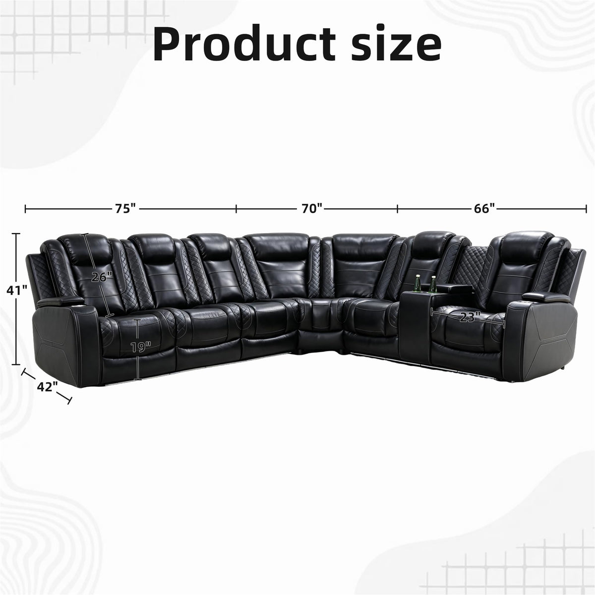 Black Power Reclining Leather Sectional Couch, LED Lighting Recliner Sofa with Storage Console, Cup Holders &