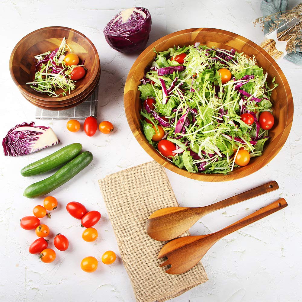 Salad Bowls, Wooden Salad Bowls Set, Large Acacia Wood Serving Bowl for Fruits, Salad, 12.5" Big Salad Bowl