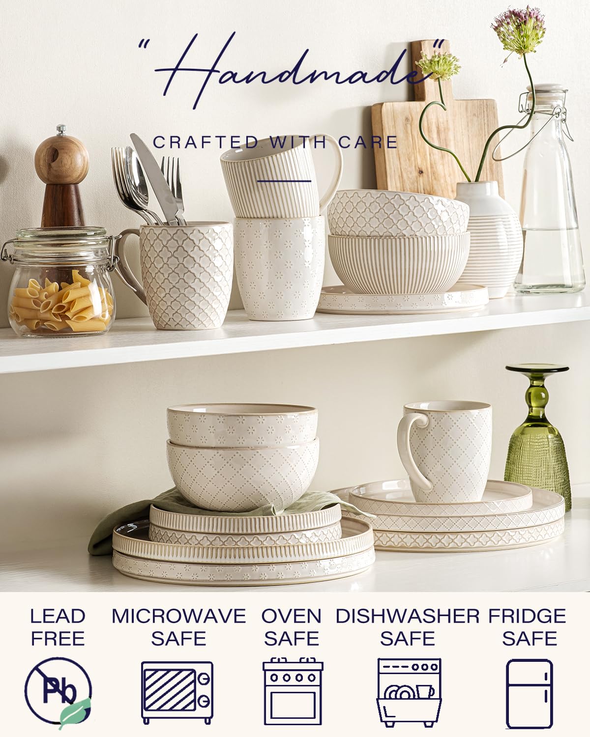 Dinnerware Sets, Plates and Bowls Sets for 8 (10.5" Dish + 8" Dish + 6" Bowl), Microwave and Dishwasher Safe, Ceramic