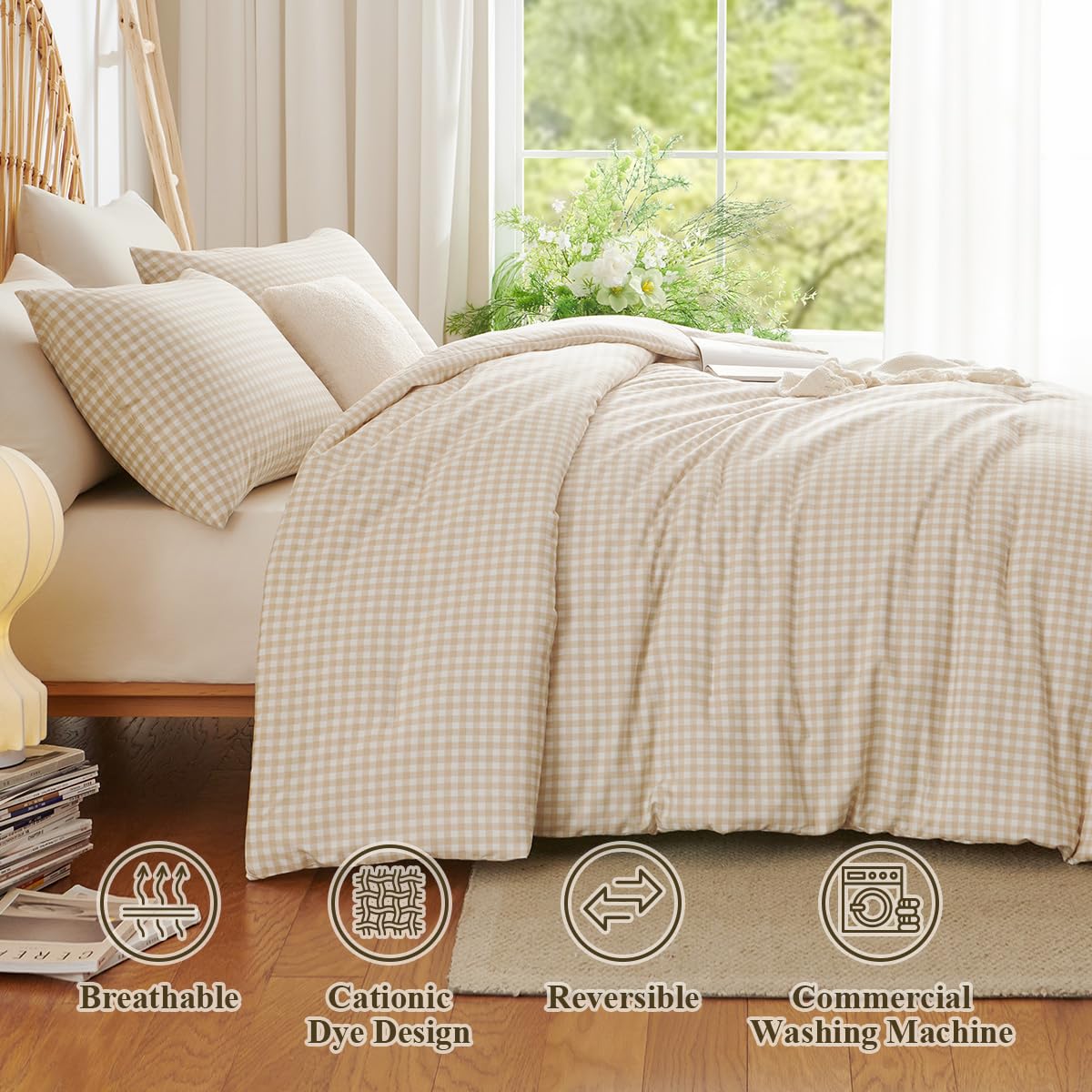 Gingham Comforter Set Beige Bedding Set and 2 Pillowcases