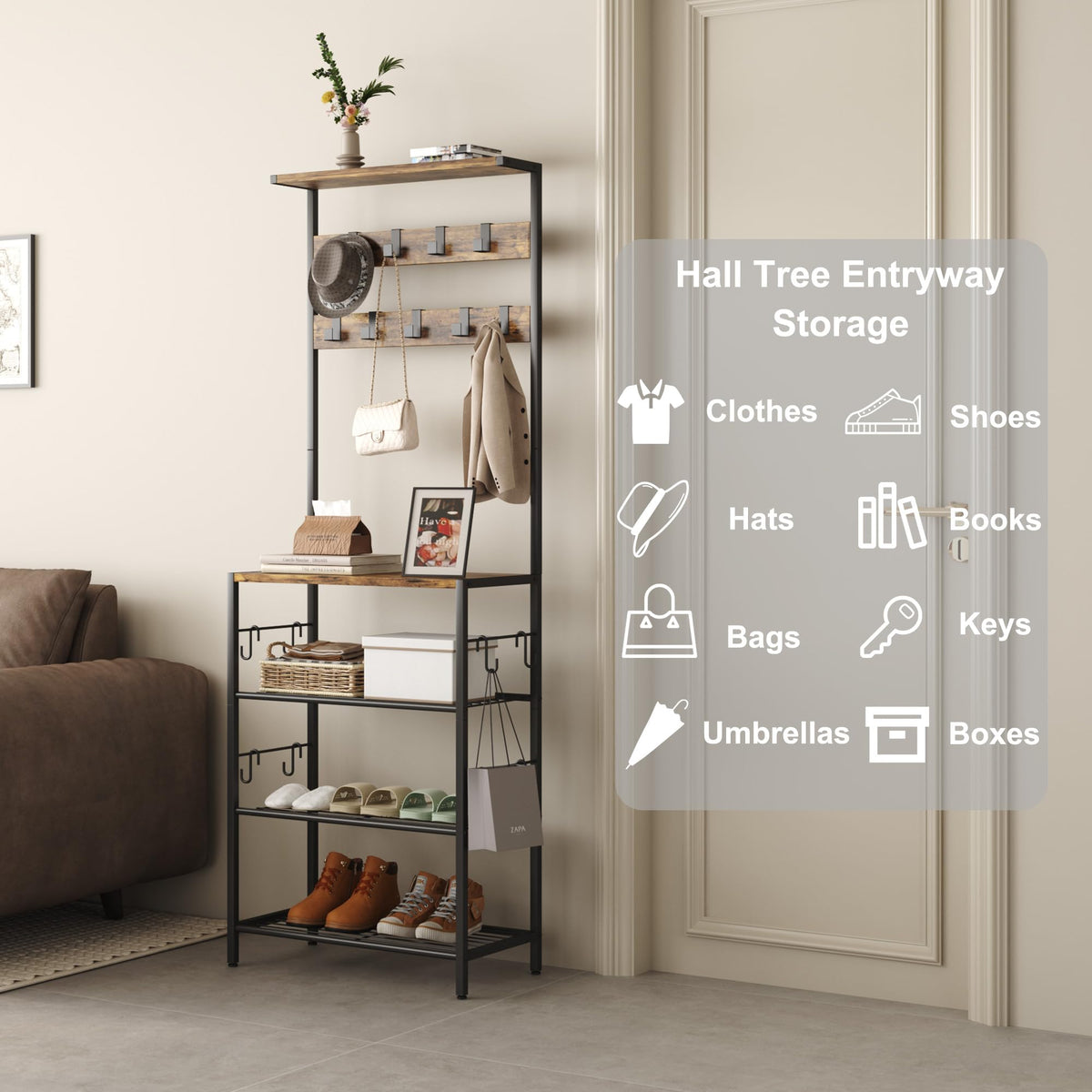 Coat Rack with Shoe Storage, 5-Tier Shoe and Coat Rack with 9 Clothes Hooks, Freestanding Hall Tree Organizer