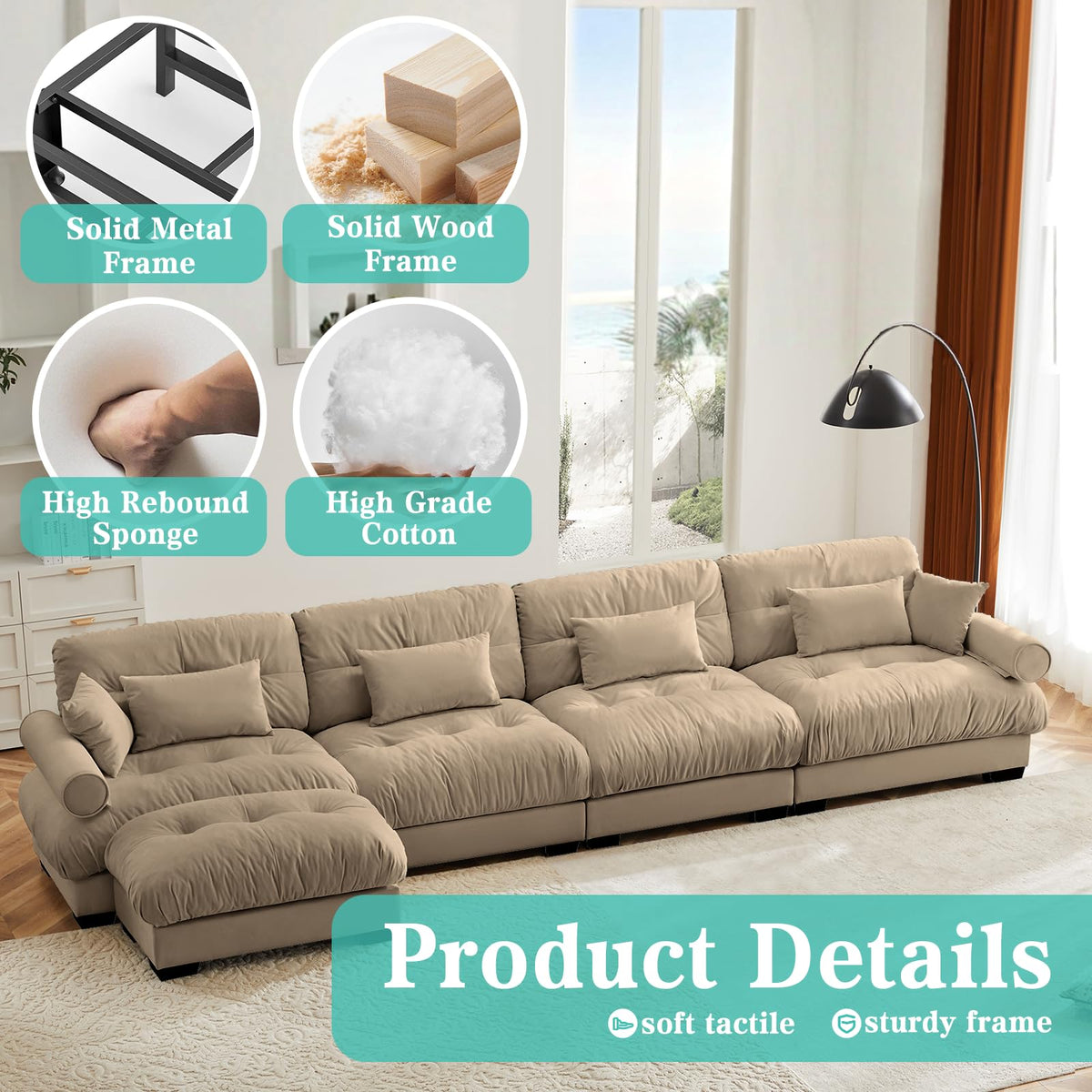 166" Sectional Couches, L Shaped Sofa Couch with Velvet Fabric, 4 Seat Modern Sofa with Ottoman, Removable Pillows