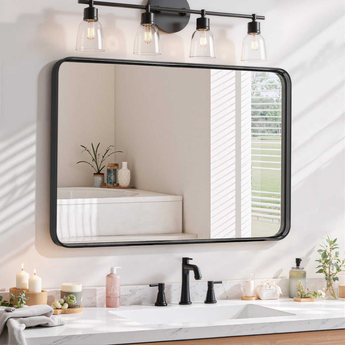 Bathroom Mirror 36x24 Inch Black Metal Frame Rectangle Vanity Mirror