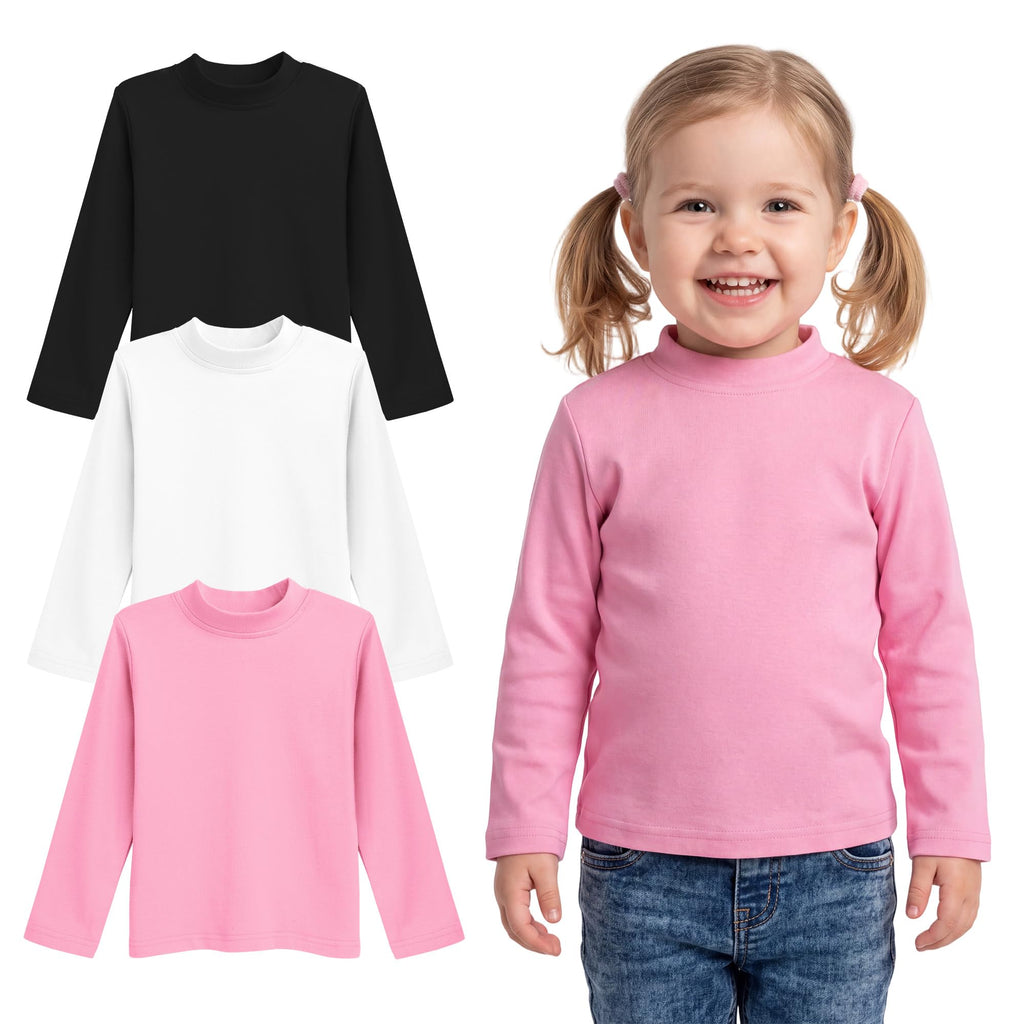 3 Pack Toddler Girl Long Sleeve Mock Turtleneck Cotton Blend T-Shirt