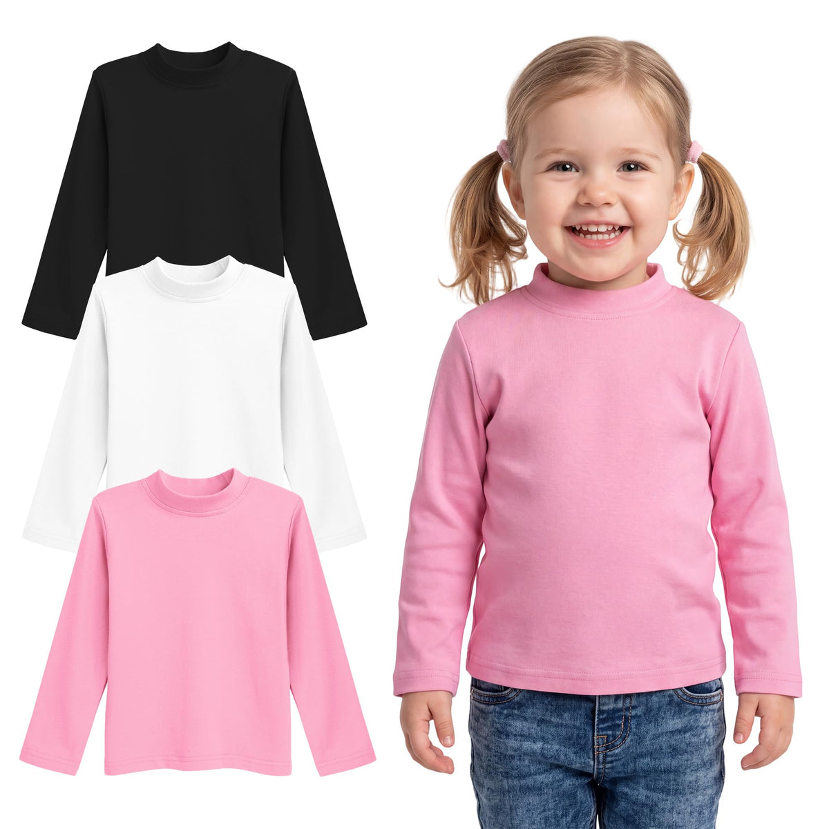 3 Pack Toddler Girl Long Sleeve Mock Turtleneck Cotton Blend T-Shirt