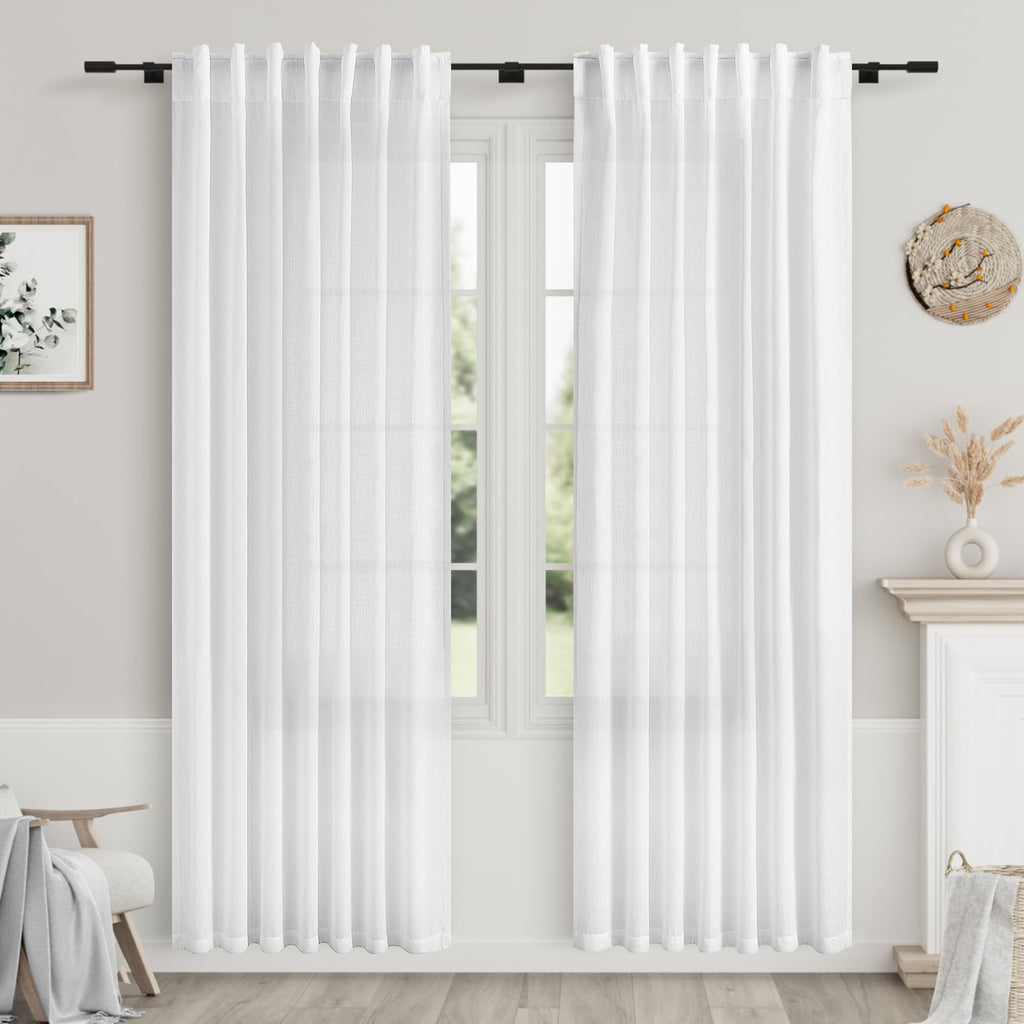 White Linen Curtains 83 Inch Length 2 Panels Set Back Tab Rod Pocket Semi Sheer Window Curtain Drapes Neutral Rustic