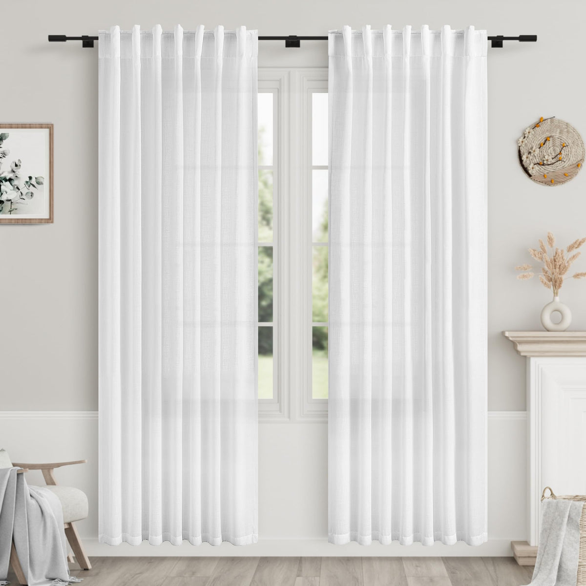 White Linen Curtains 83 Inch Length 2 Panels Set Back Tab Rod Pocket Semi Sheer Window Curtain Drapes Neutral Rustic
