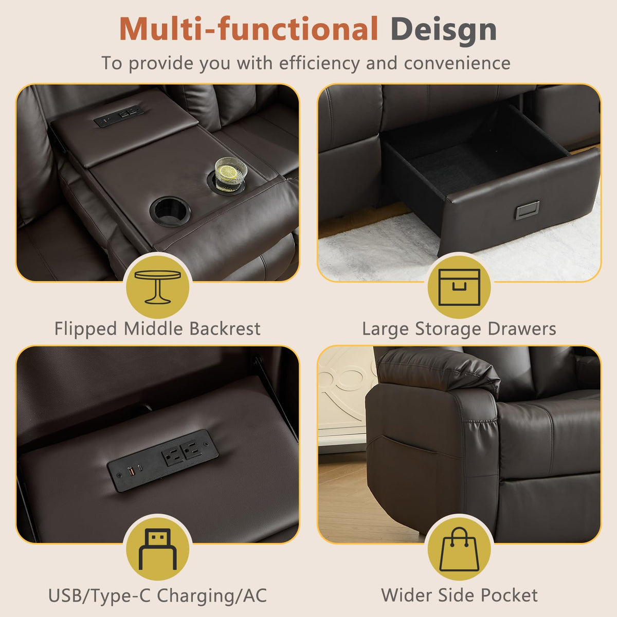4 Seat Reclining Sofa with Console, Faux Leather, Brown