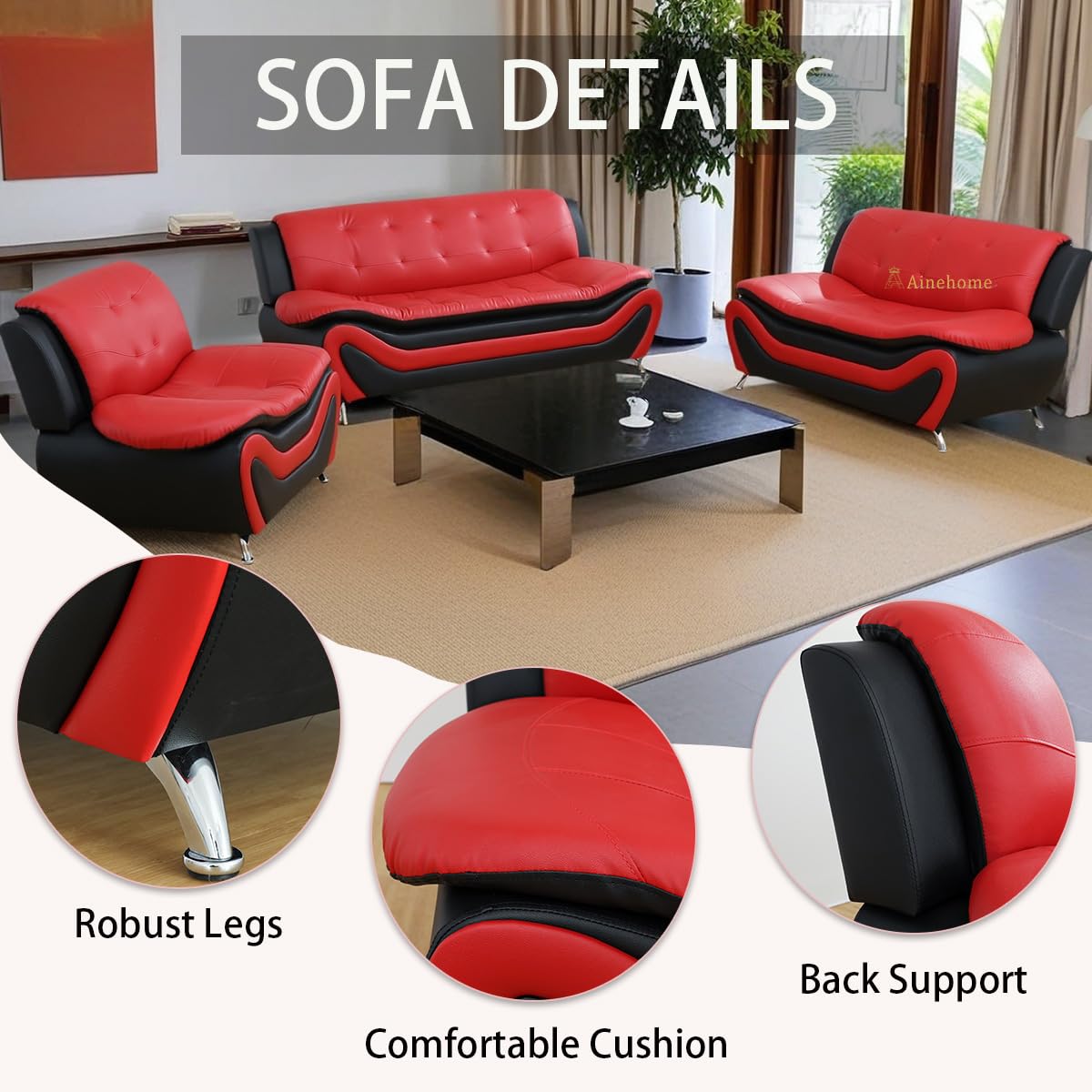 Sectional Sofa Set, Modern Faux Leather Living Room Furniture - 6-Seat Sofa & Loveseat & Chair (C-red/Black)