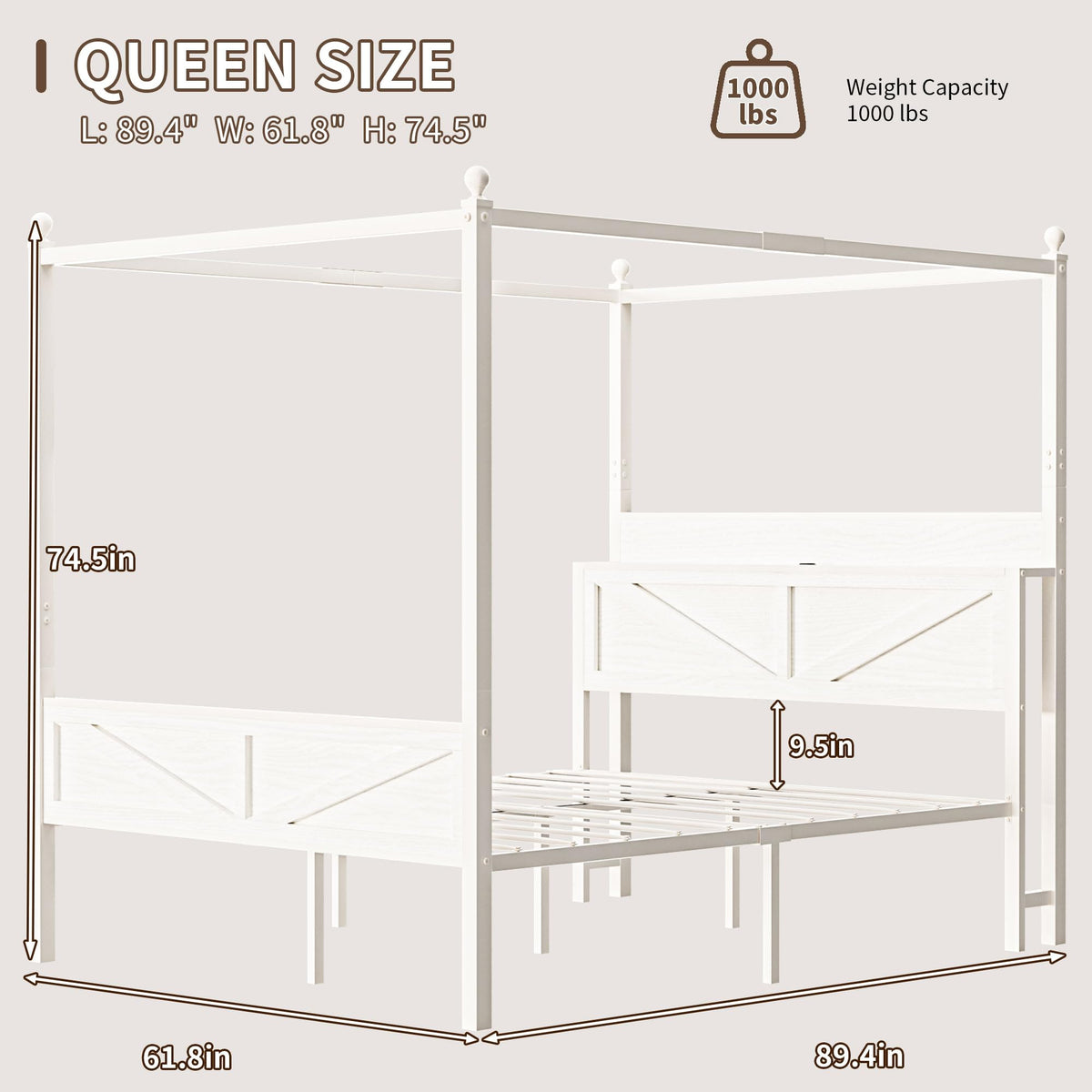 Canopy Bed Frame with Barn Storage Headboard, Beige