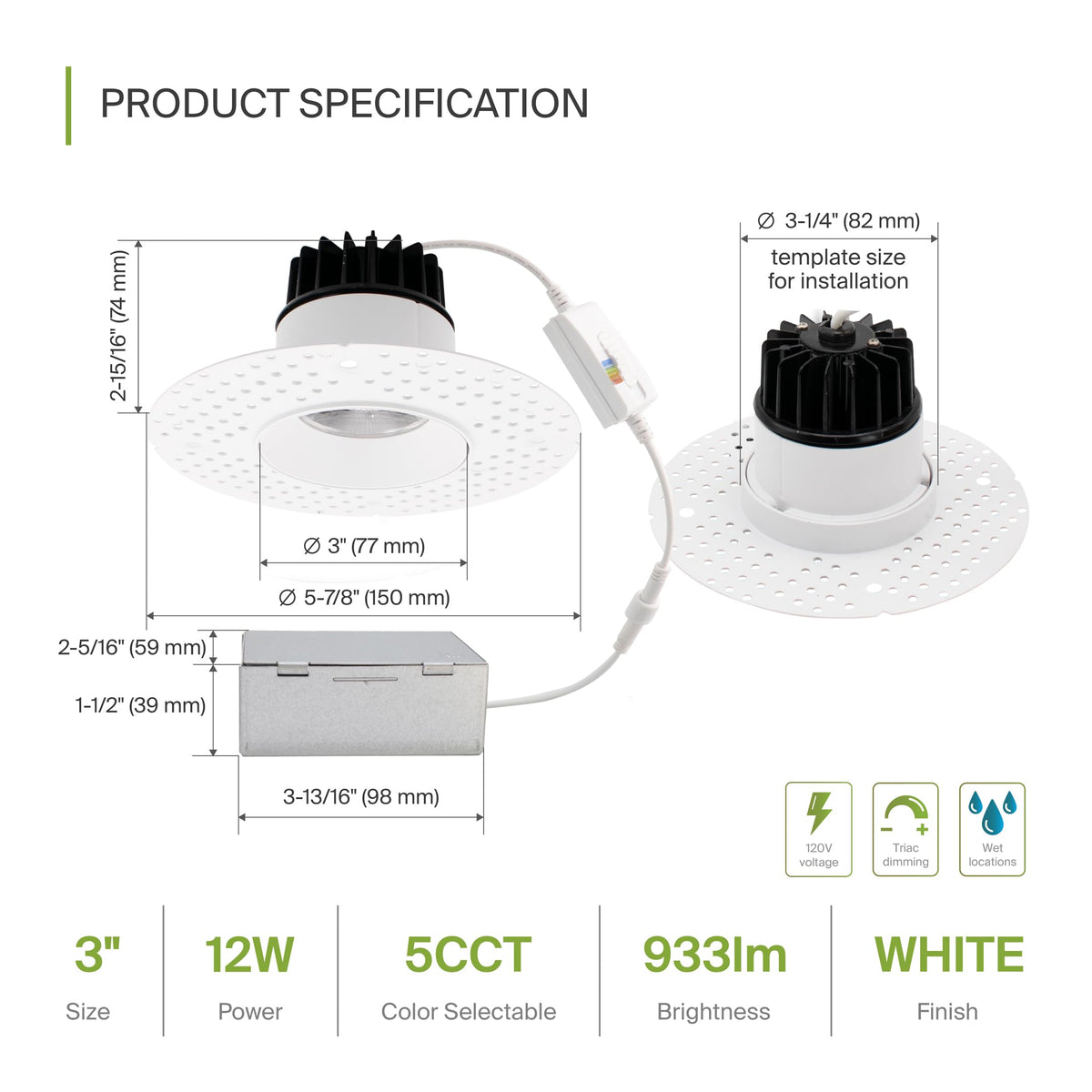 3 Inch Trimless LED Recessed Ceiling Light Fixture