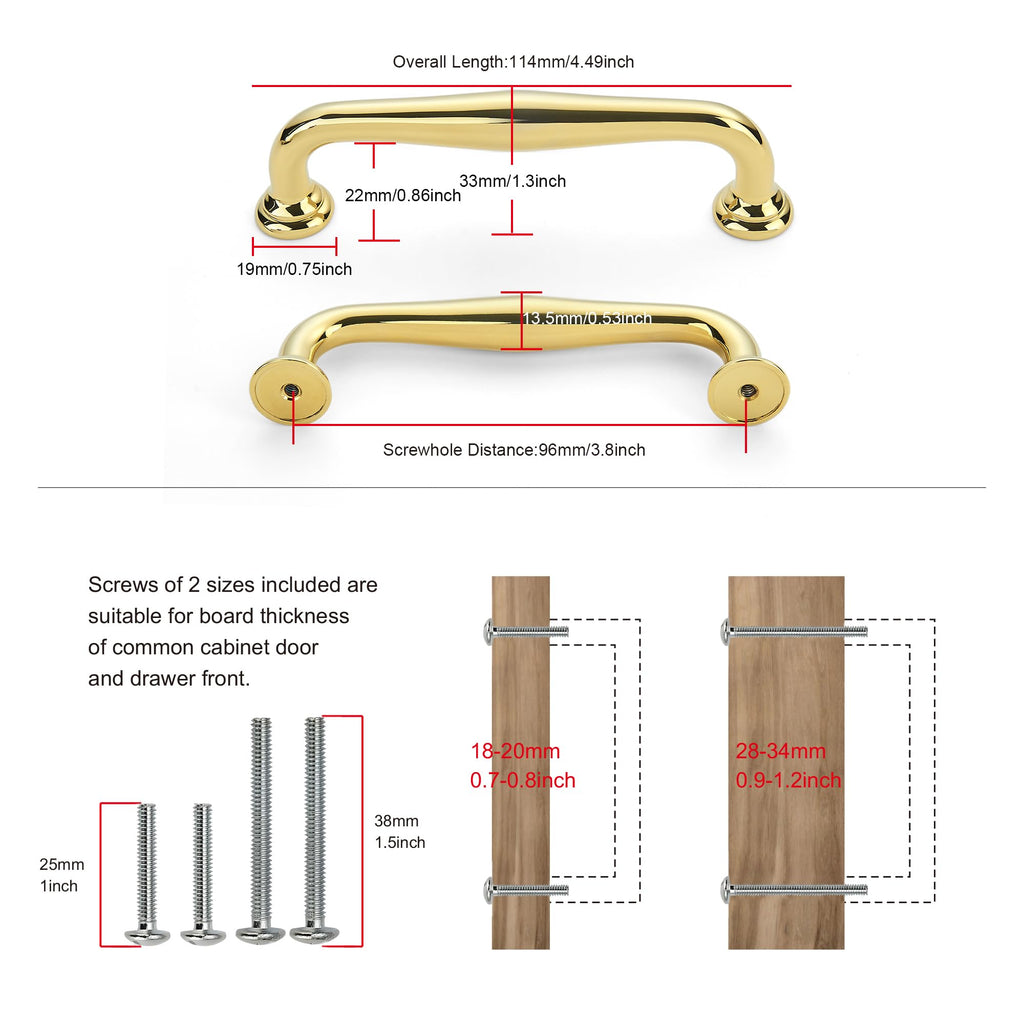10 Pack Cabinet Handles-3.8"/96mm Screw Spacing Polished Gold Furniture Hardware Handles Cabinets Bedroom Dresser