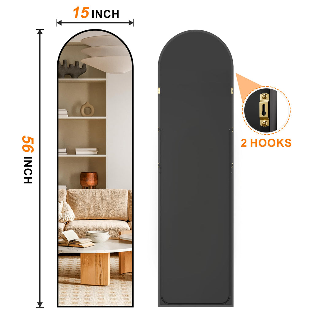 Arched Full Length Mirror, 56"x15" Standing Body Mirror for Wall, Black